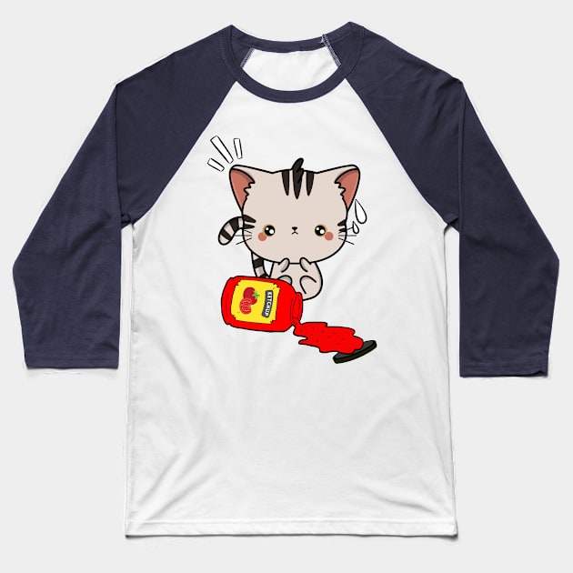 Tabby Cat Spilled a bottle of ketchup Baseball T-Shirt by Pet Station